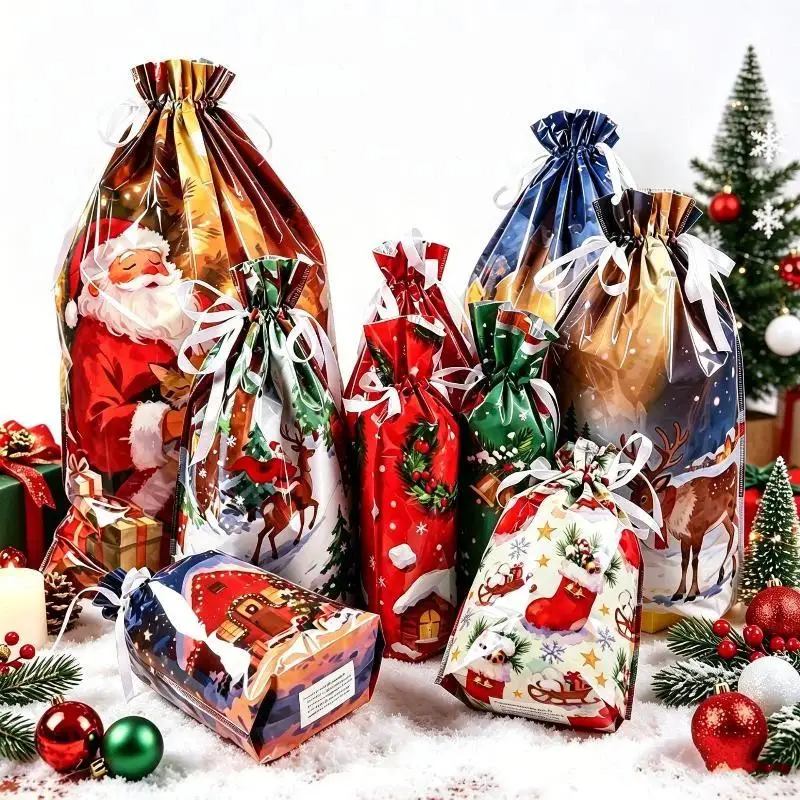 Christmas Drawstring Gift Bags With Assorted Festive Patterns Self Standing Design For Holiday Wrapping Christmas Party Supplies
