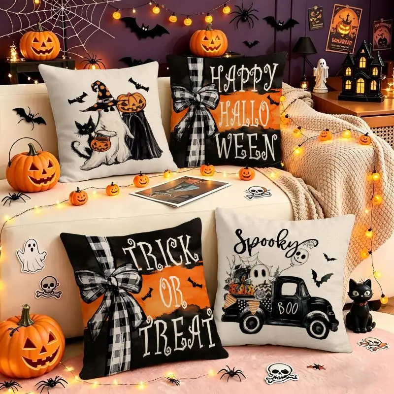 2 Stück Halloween Lustige Kissenbezüge für Zuhause, Feiertagsdekoration, Bedruckte Kissenhüllen, Trick-or-Treat Kissenbezüge 45x45cm – Detail 3