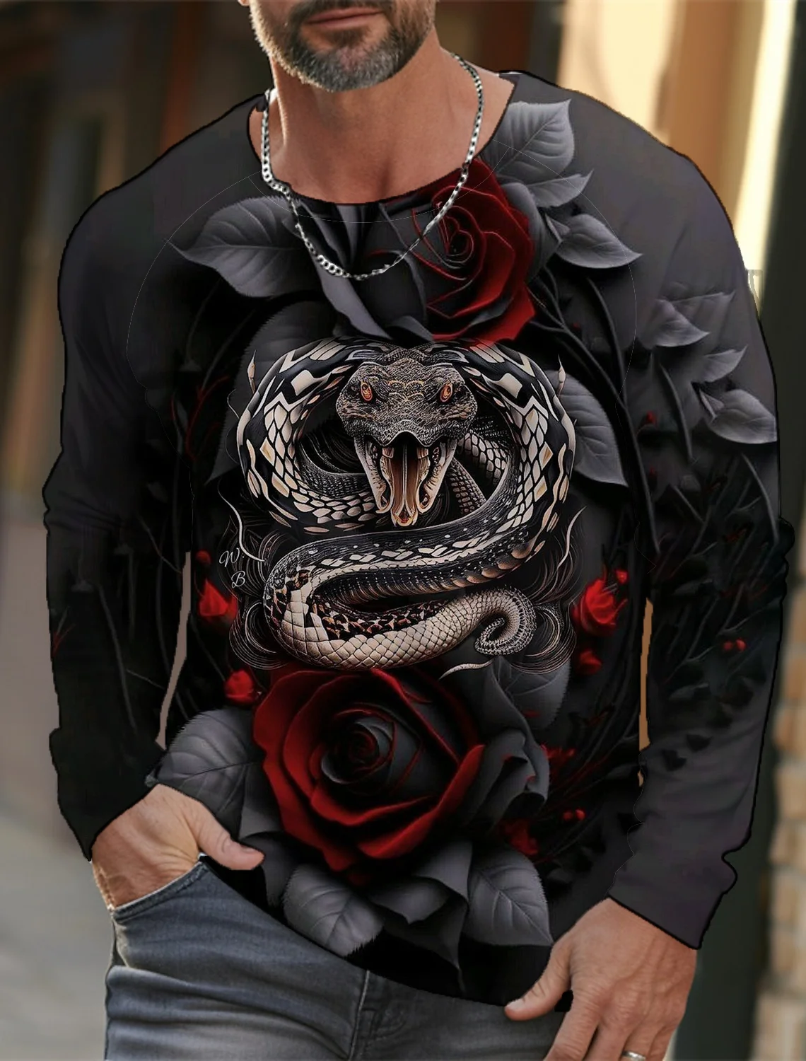 Mens Street 3D Snake New Year Fierce Print T-Shirt Casual Crew Neck Graphic T-Shirt Tops Breathable Sports Long Sleeve Men