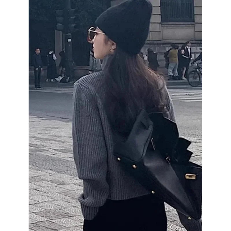 Y2k سترة هاراجوكو الجمالية Mujer كارديجان الياقة المدورة ملابس الشارع الشهير رمادي المحاصيل القمم سستة 2024 الخريف كل مباراة الصلبة سترة #4