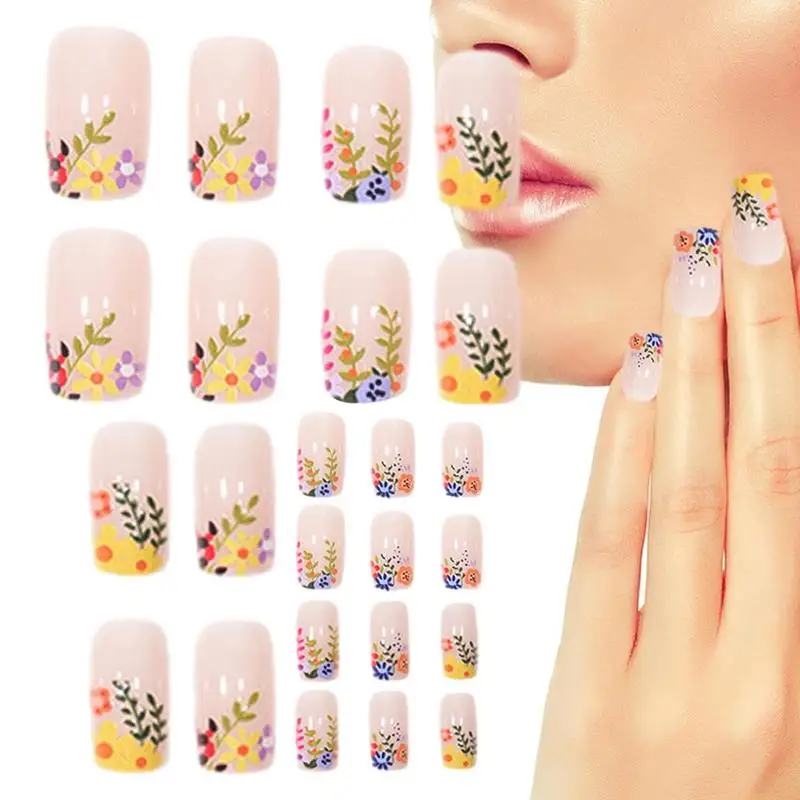 Square Fake Nails Square Press On Fake Flower Nails Full Cover Artificial Gel Nail Strips Long Lasting Short False Nails For