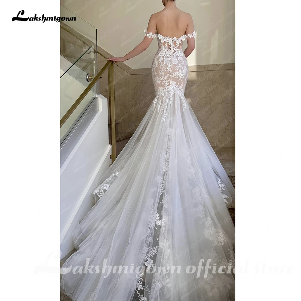 Lakshmigown-vestido de novia sirena con hombros descubiertos, apliques de encaje personalizados, vestidos sin espalda para mujer elegantes y bonitos