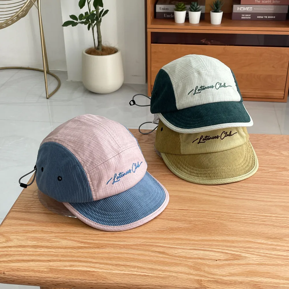 Drawstring Adjustable Color Block Spliced Baseball Cap Women Purple Wide Brim Soft Visor Hat Men Casual Corduroy Cap