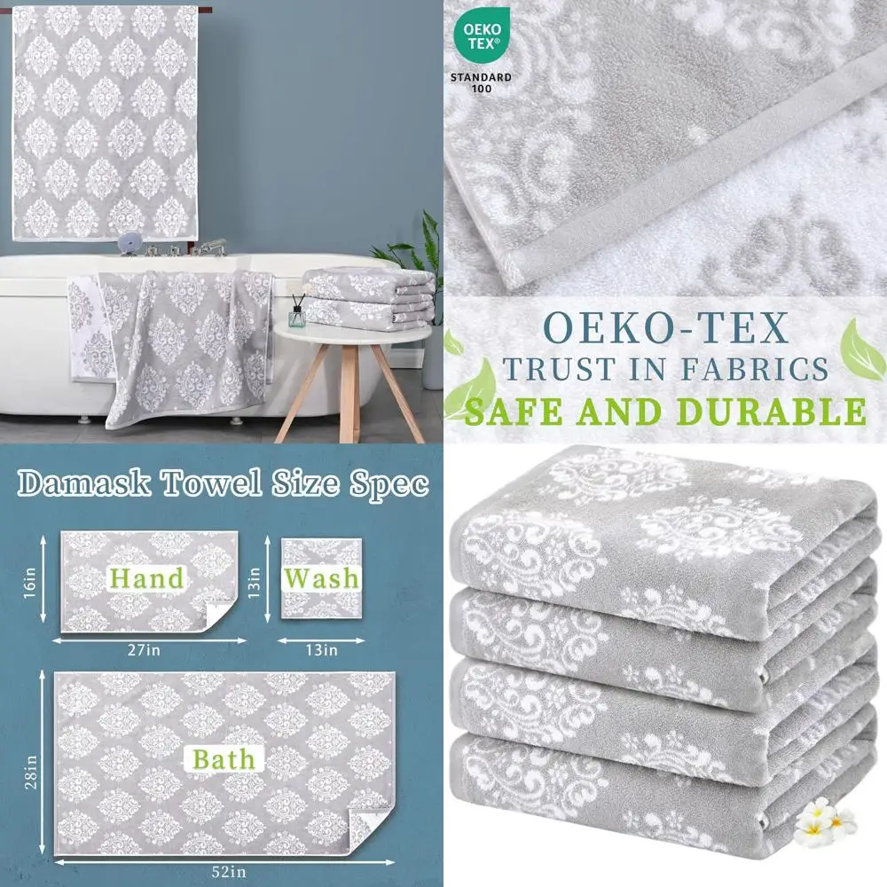 

4-Piece Grey Cotton Bath Towel Set, 28x52 Inches - Lightweight, Absorbent, Quick-Dry, Damask Pattern Decor for Bathroom