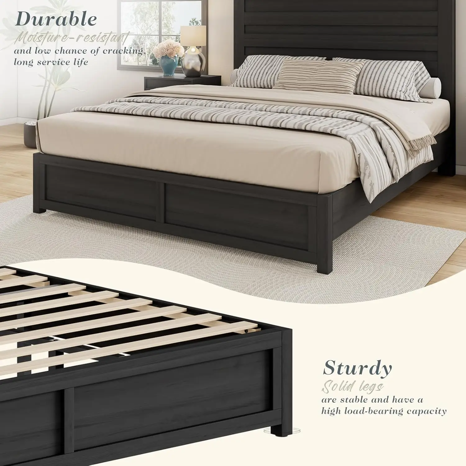 Farmhouse Bed Frame with 49" Headboard, Platform Bed Frame with Wood Slats Support/No Box Spring Needed/Easy Assembly