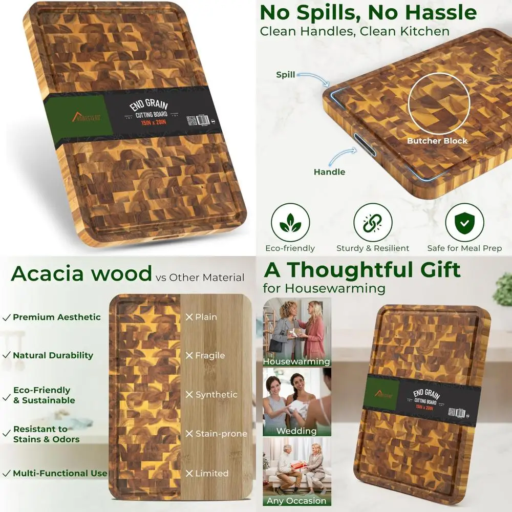 

Acacia Wood End Grain Cutting Board 20x15x1.25 - Large Chopping Block with Sorting Compartments and Juice Grooves for Butcher Us