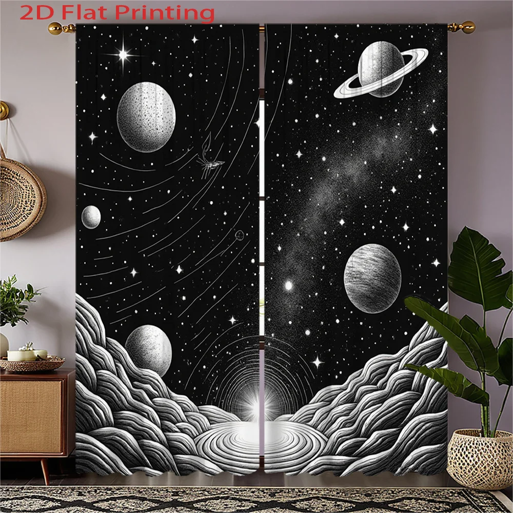 Galaxy Curtains 2pcs – Black and White Planets Stars Print, Astronomical Art Decor for Bedroom Living Room