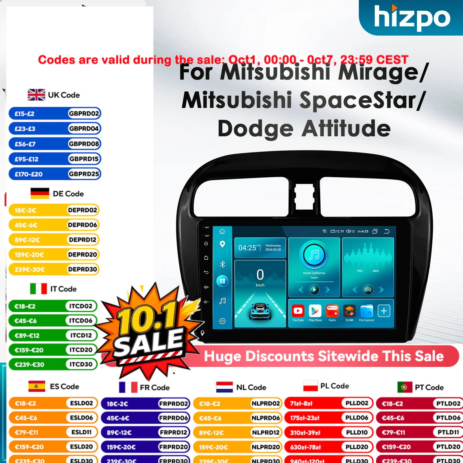 Hizpo 8Core DSP Car Multimedia Player for Mitsubishi Mirage 2012-2023 Space Star for Dodge Attitude Carplay Autoradio RDS GPS