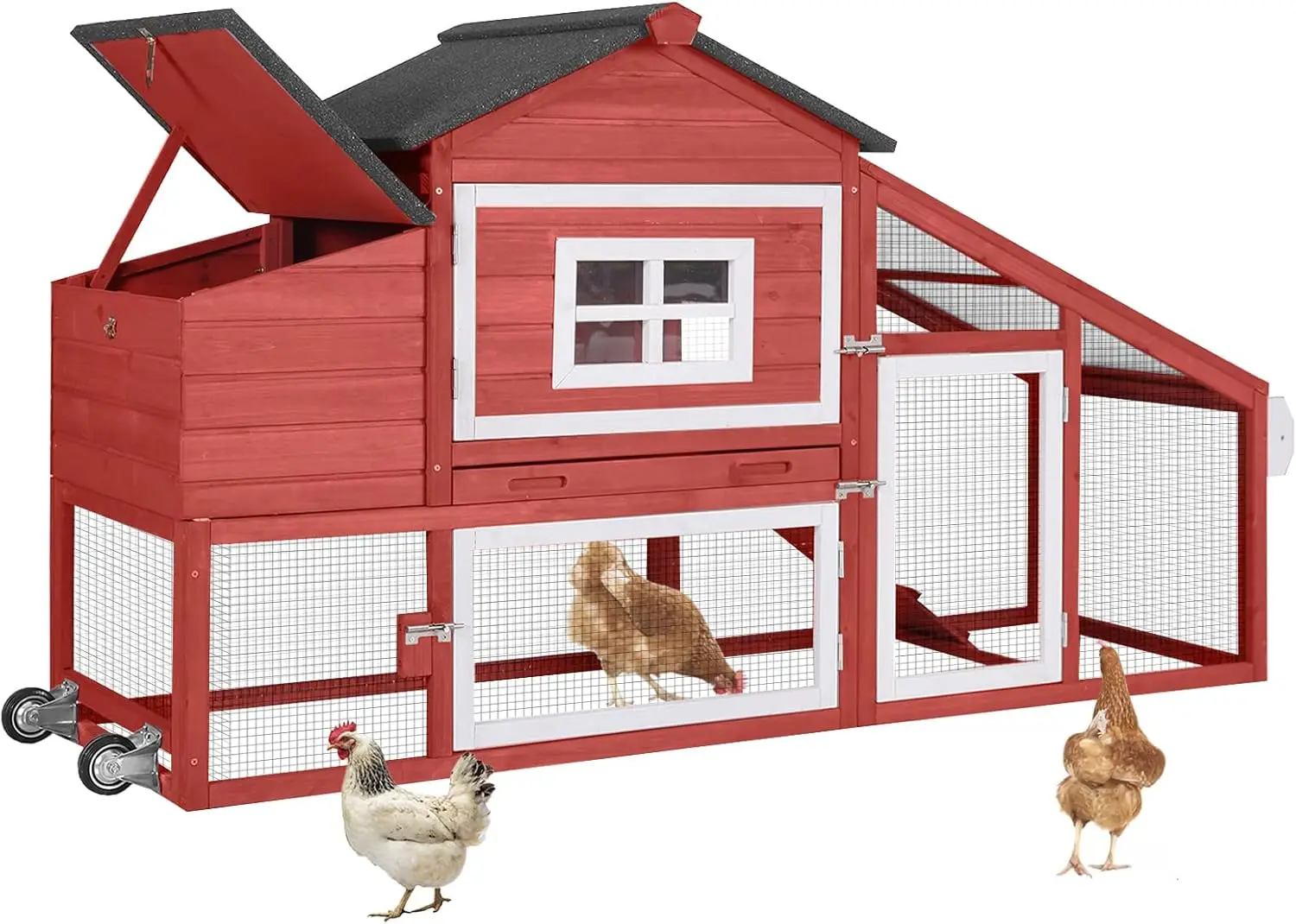 

Chicken Coop Outdoor with Wheels, Mobile Hen House Wooden Poultry Cage with Run & Waterproof Roof (Red with White)