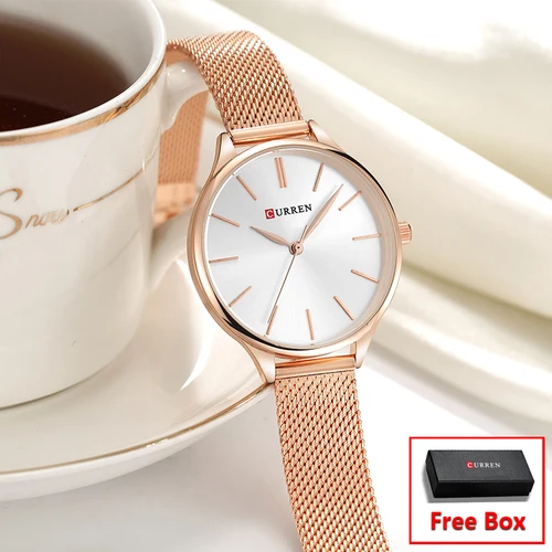 Reloj CURREN Original de lujo para mujer, esfera mate, movimiento de cuarzo japonés, correa de malla de acero inoxidable con caja