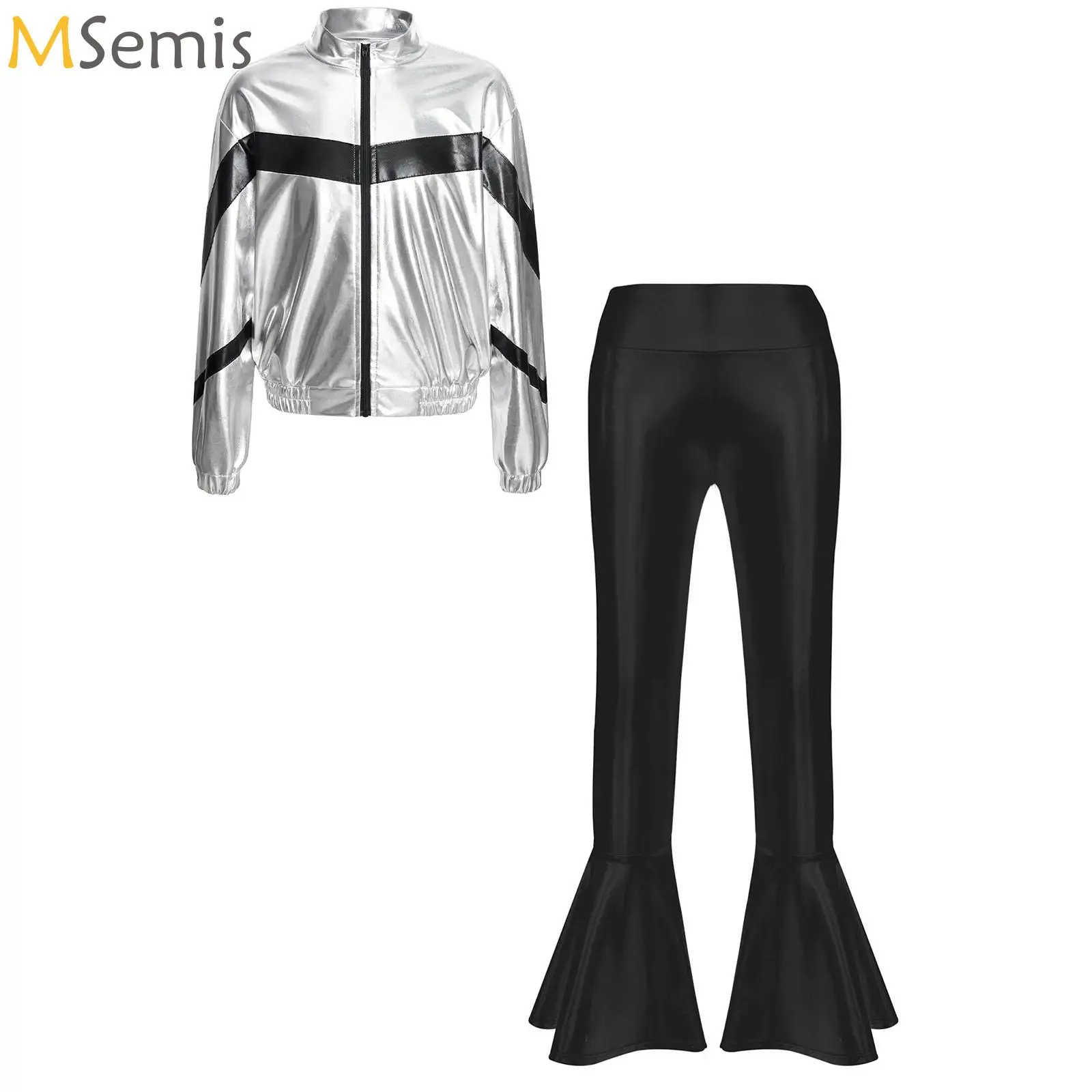 

Kids Girls Jazz Dance Set Modern Ballet Dancing Costume Girls Metallic Jacket with Bell-Bottom Pants Set Performance Outfits