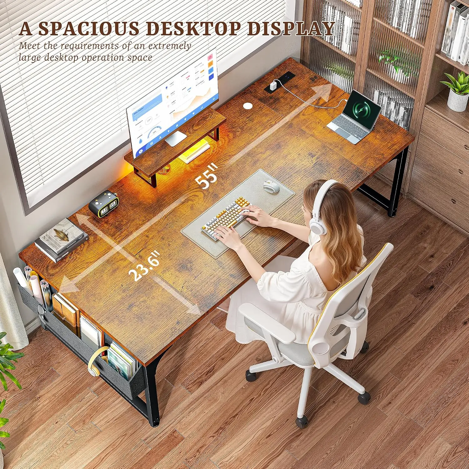 55 x 24 inch Desk, 24mm Thick Heavy Duty Computer Desk with RGB LED & Power Outlets, Gaming Desk with Detachable Stand, 150LBS