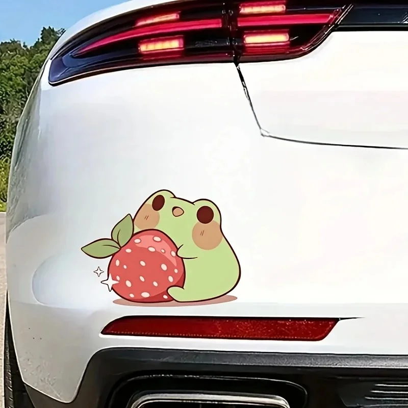 Little Frog Holding a Strawberry Waterproof Car Decorative Decal, Suitable for Cars, Laptops, Bumpers, Helmets, Glass Window