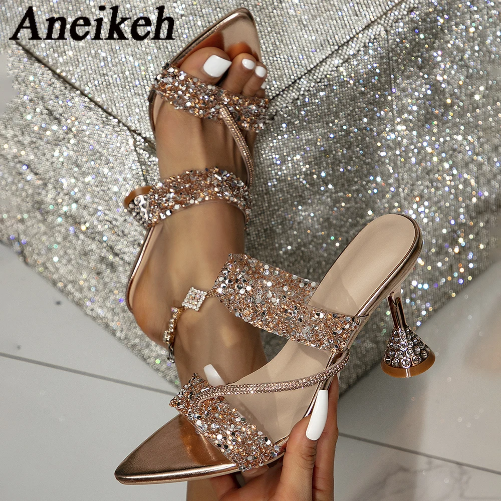 Aneikeh Summer Glitter Rhinestones pointed end Slippers Ladies Party Shoes Women Strange High Heels Narrow Band Gladiator Sandal