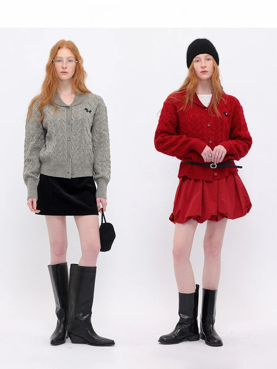 

Новогодний вязаный свитер с вышивкой и воротником-стойкой, женская зимняя верхняя одежда, винтажный стиль, длинный рукав, V-образный вырез, трикотаж