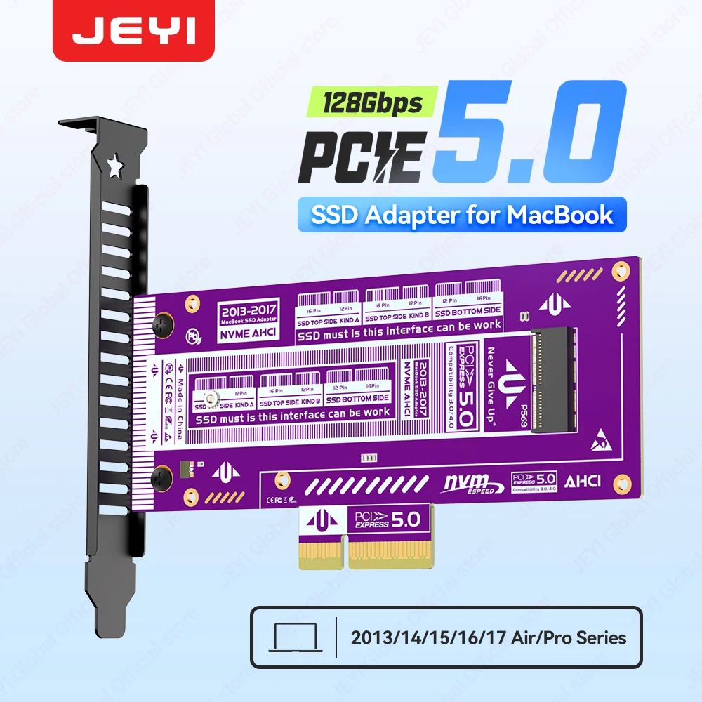 JEYI PCIe 5.0 NVMe SSD Adapter for MacBook Air/Pro 2013-2017 Support 128Gbps Speed, PCIe X4/X8/X16 Compatible AHCI