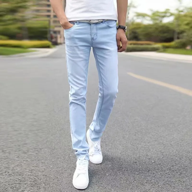 Slim Fit Men's Jeans Trendy Brand Light Blue Thin Summer Casual High Elasticity mid Low Waist Zipper Closure Long Pants