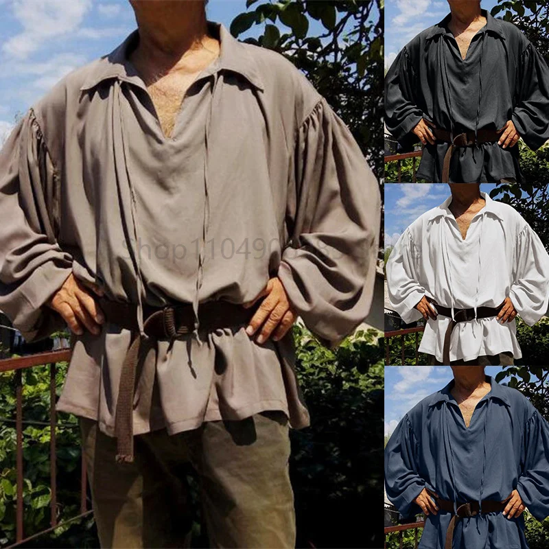 

Adult Men Pirate Shirt Tops Medieval Renaissance Lacing Up Vintage Costume Fluffy Sleeve Blouse Vampire Cosplay