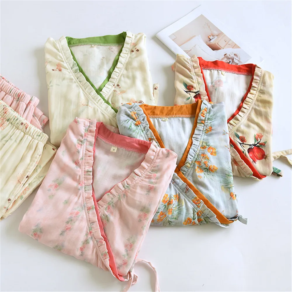 

Spring Autumn V-Neck Pyjamas Female Pajamas Sets Elegant Floral Print Japanese Kimonos For Women Yukata