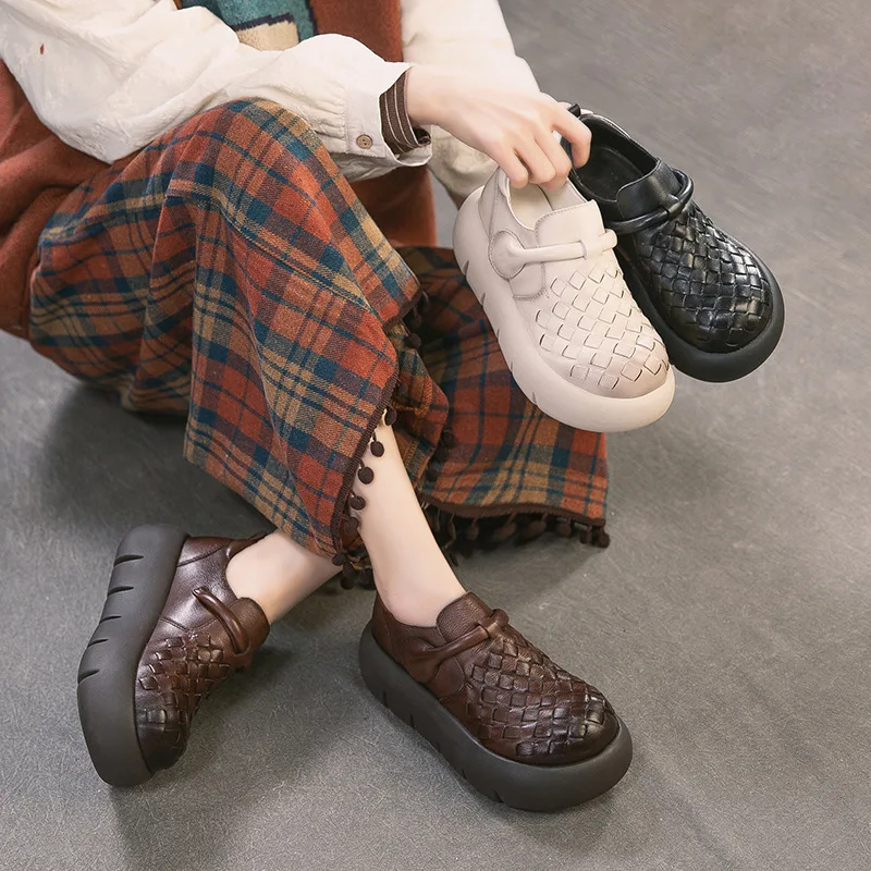 

GKTINOO 2026 Women Shoes Handmade Weaving 100% Genuine Leather Thick High Heel Chunky Platform Casual Height Increasing Shoes