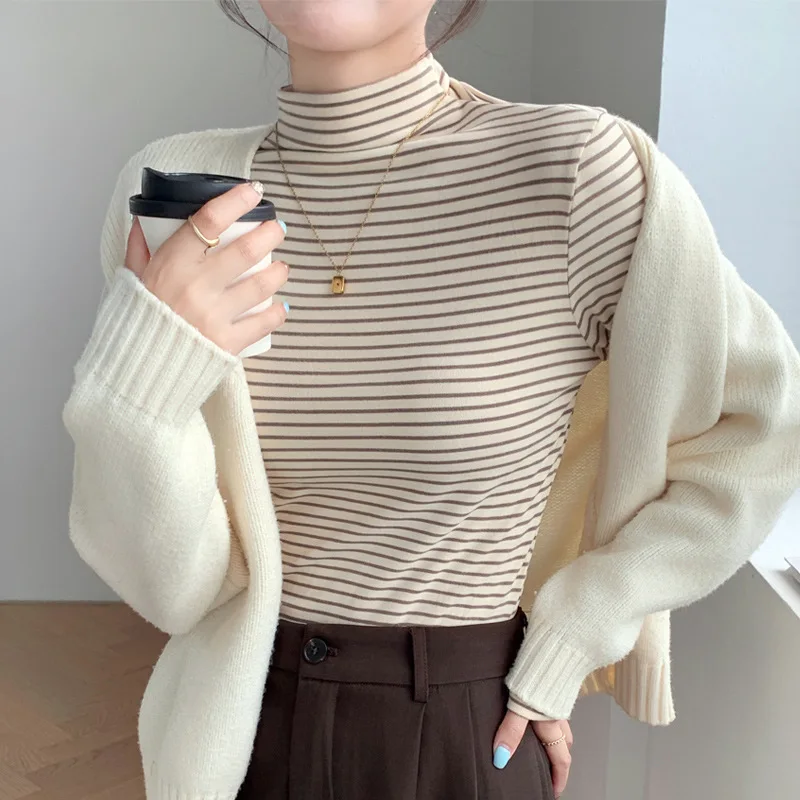 여성용 스트라이프 슬림핏 긴 소매 터틀넥 탑