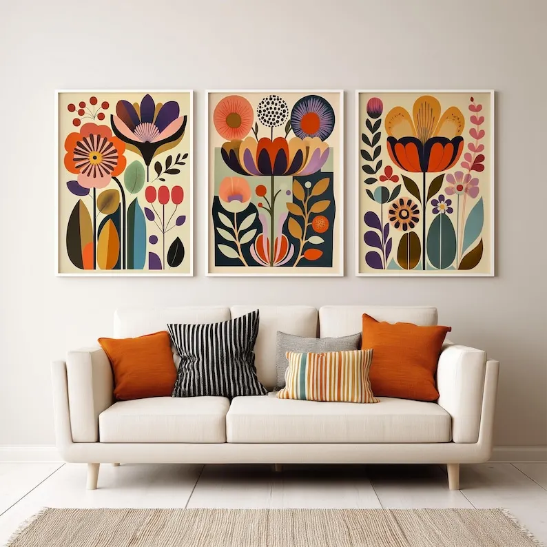 Set of 3 Scandinavian Art Norwegian Folk Art Floral Canvas Print,Noframed Nordic Wall Art Boho Poster for Living Room Wall Decor