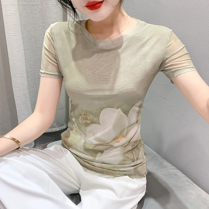 Size S-3XL Short Sleeve Mesh Tshirt Women Elegant Fashion Fixed Printing Floral Top T Shirts Ladies O Neck Tee