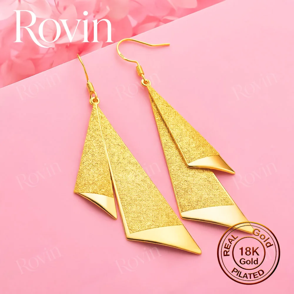 18K Gold Exquisite Matte-Finish Triangular Earrings – Stylish Jewelry for Women, Weddings, and Parties