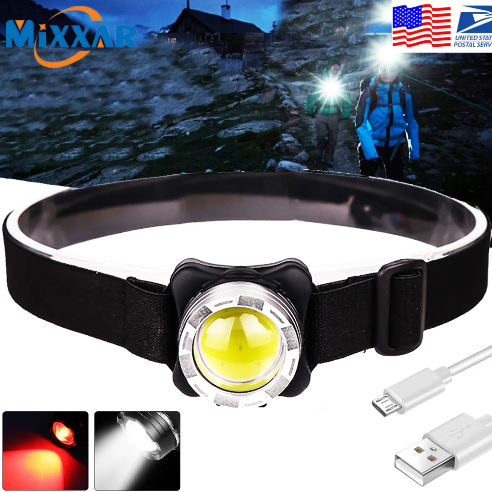 ZK20 Dropshipping LED Headlamp COB Headlight USB Rechargeable Head Lamp Waterproof Built-in Battery Red and White Light