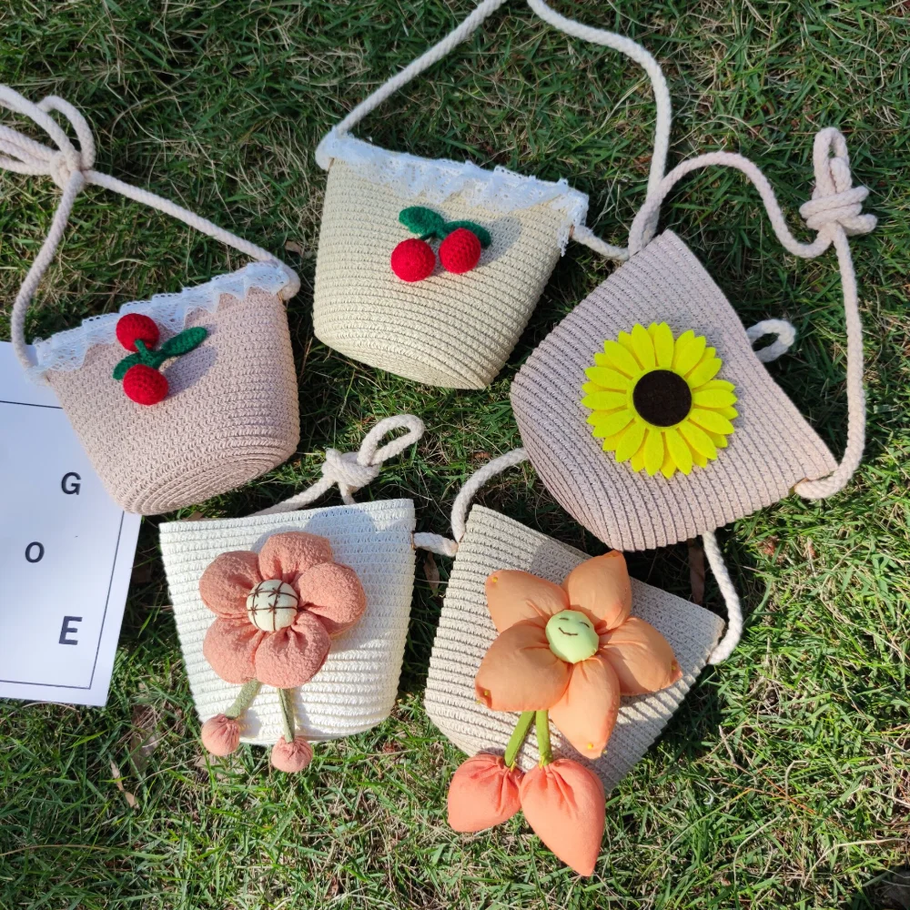 Girls Shoulder Bag Flower Straw Handmade Summer Children Baby Bags Messenger Bag Kids Keys Coin Purse Cute Princess Mini Handbag