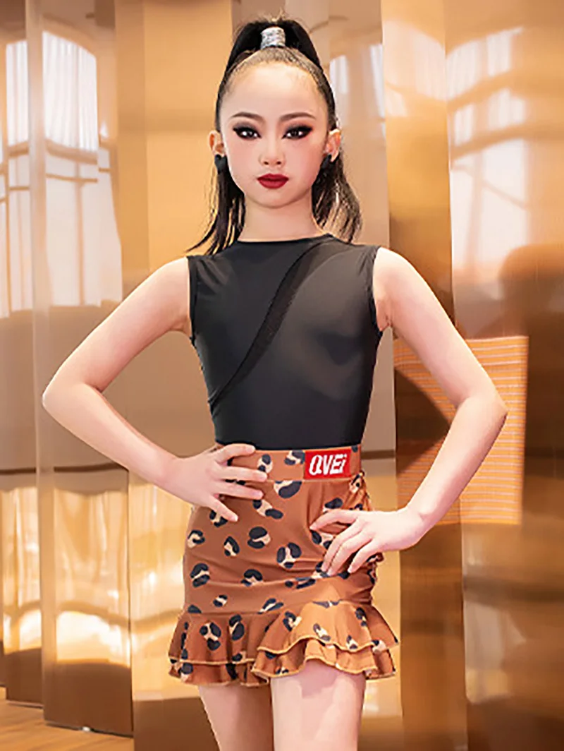 Latin danskostuum voor kinderen, meisjes, mouwloze bodysuit zonder rug en danspraktijk, luipaardprint, rokken, danskleding