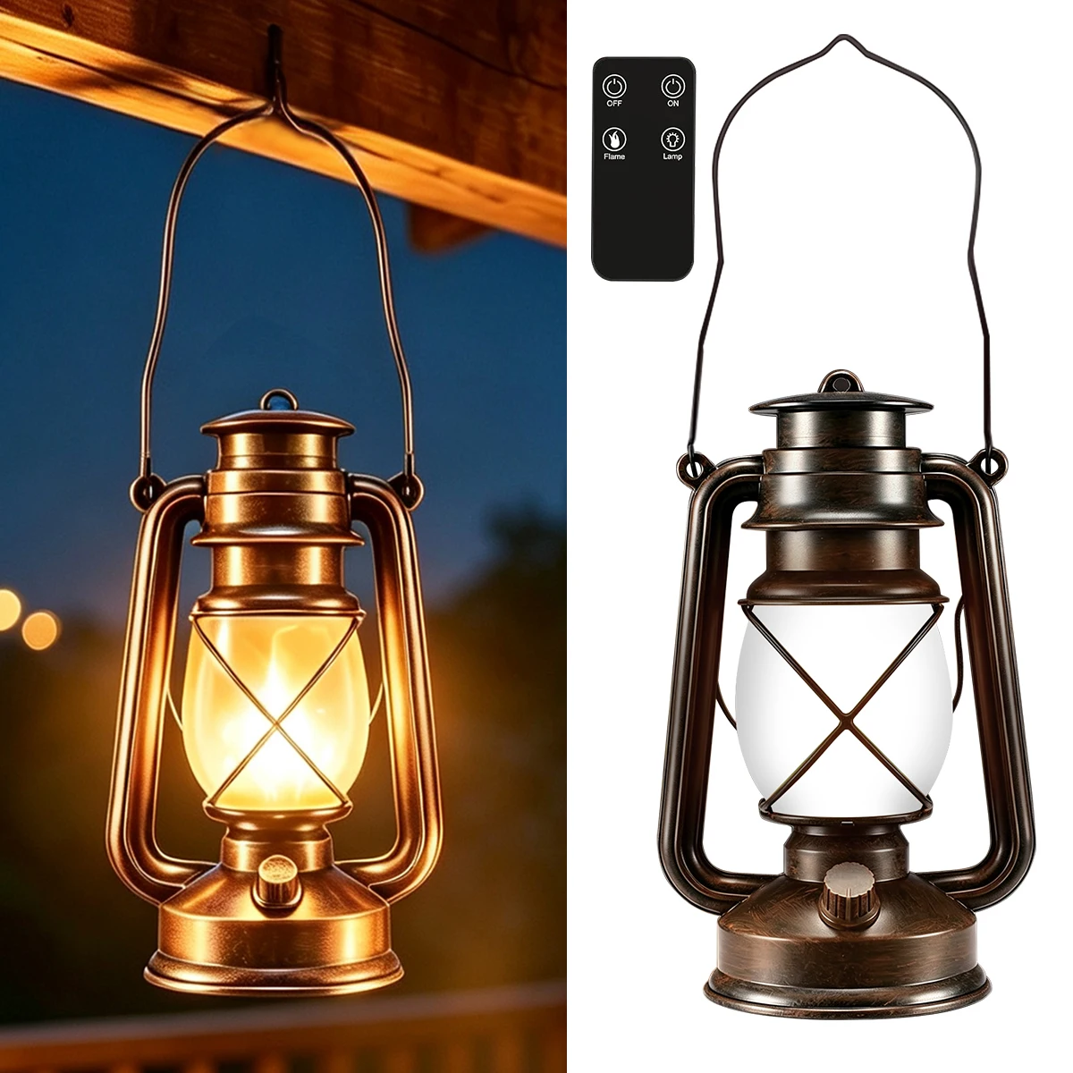 Vintage LED Camping Lantern 2 Modes Flickering Flame Vintage Lantern Portable Battery Operated Outdoor Hanging Emergency Lantern