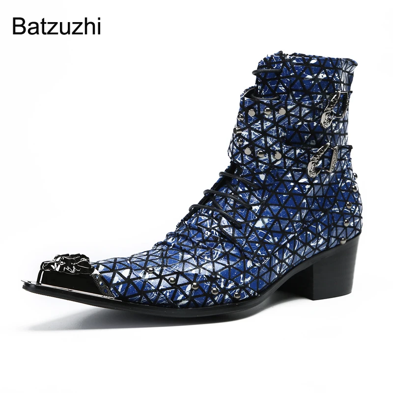 Batzuzhi 6.5CM Heels Men\'s Boots Punk Iron Toe Blue Genuine Leather Ankle Boots Men Zip Buckles Knight Boot for Man, EU38-46