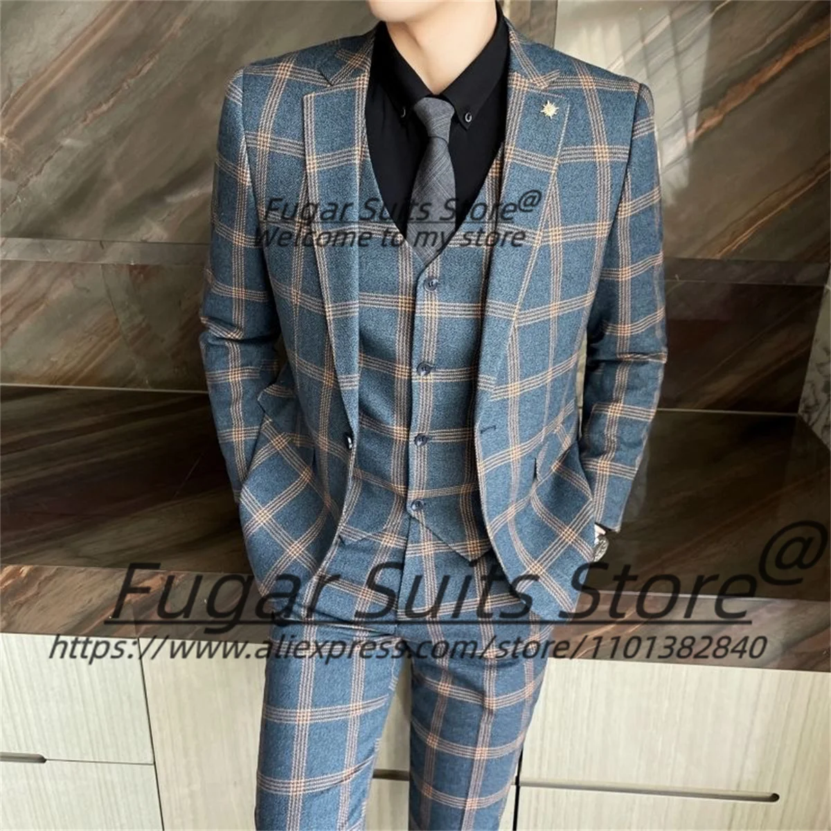 Italian style Business Plaid Suits For Men Slim Fit Notched Lapel Groom Tuxedos 3 Pieces Sets Classic Male Blazers Costume Homme