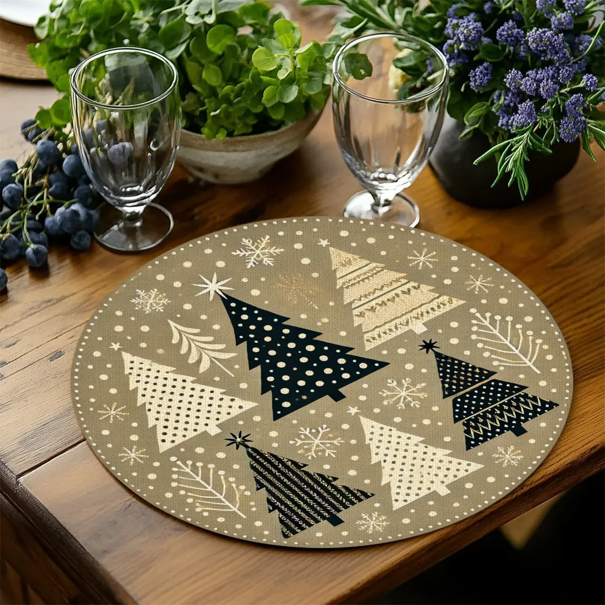 VIKAMA 4PC Khaki Bottom Christmas Tree Snowflake Placemat Khaki Christmas Tree Dining Table Restaurant Christmas Decoration