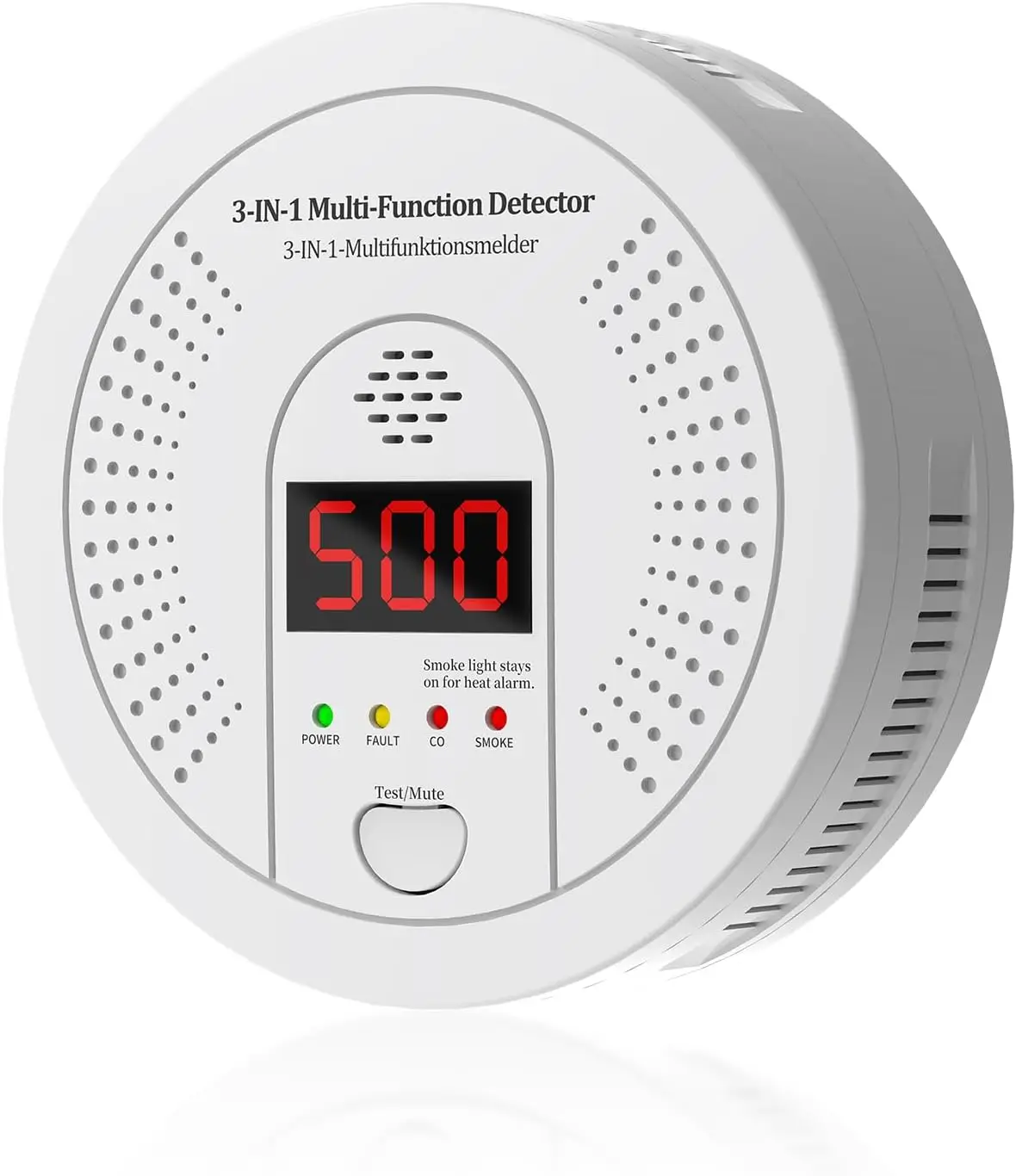 

3-in-1 Gas Detector: Smoke, CO, Heat Alarm with 10-Year Battery, LCD Display & Audible Alert for Home Safety