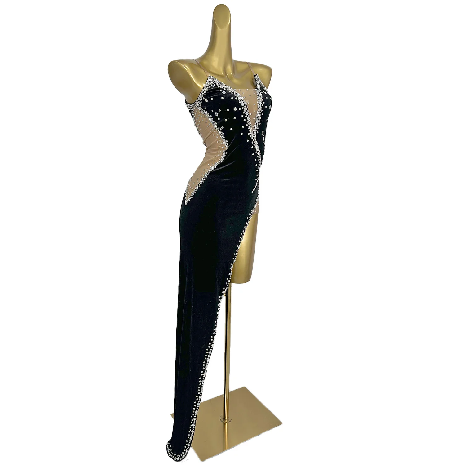 Black Velvet Strap Dresses for Women High-end Sparkly Rhinestone Asymmetrical Dress Birthday Celebrate Party Photo Shoot Wear