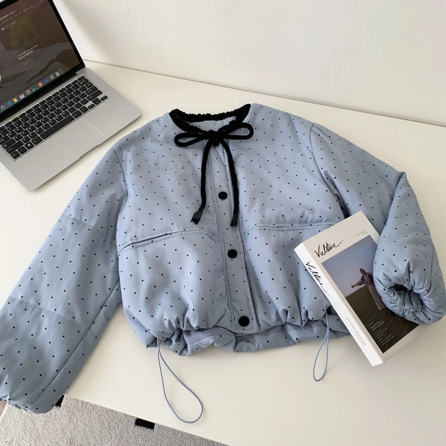 SINGREINY Polka Dot Cotton-Padded Short Jacket Korean Lace Up Drawstring Pocket 2026 Winter Ladies Preppy Style Warm Thick Coat