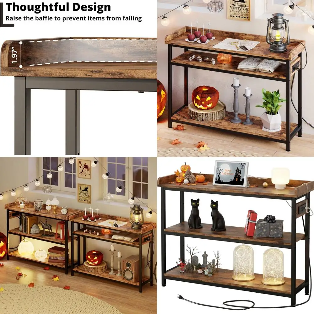 Rustic Brown Farmhouse Console Table with Power Outlet, Height Adjustable, Easy Assembly, 43 for Entryway and Living Room
