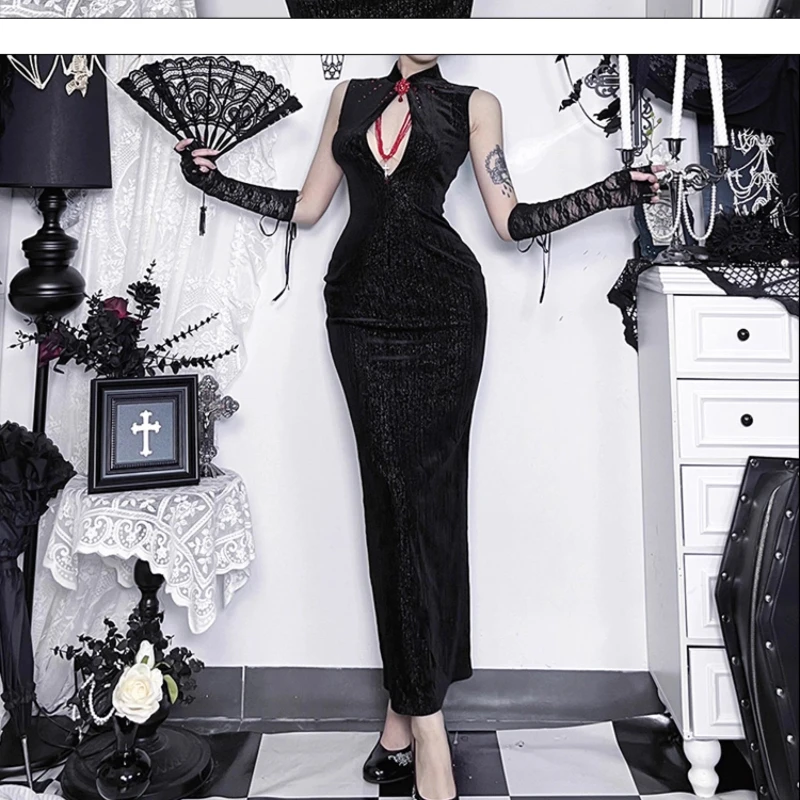 Gothic Dark Hot Girl Cheongsam Subculture Concert Women's Dress Original Design Sexy Hollow Out Sleeveless Long Dresses Ladies