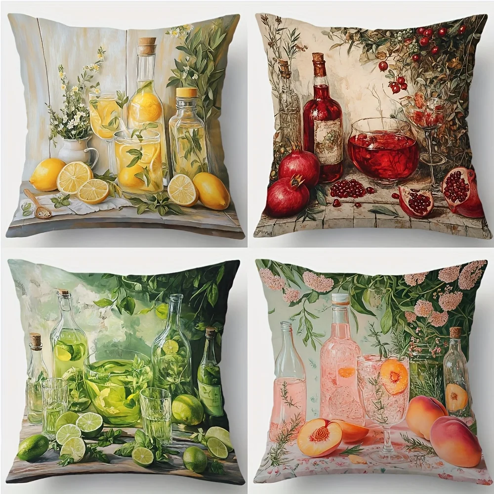 Vintage Fruit Drink Still Life Throw Pillow Covers, Lemon Pomegranate Lime Peach Print Cushion Cases, Kitchen Decor for Bedroom