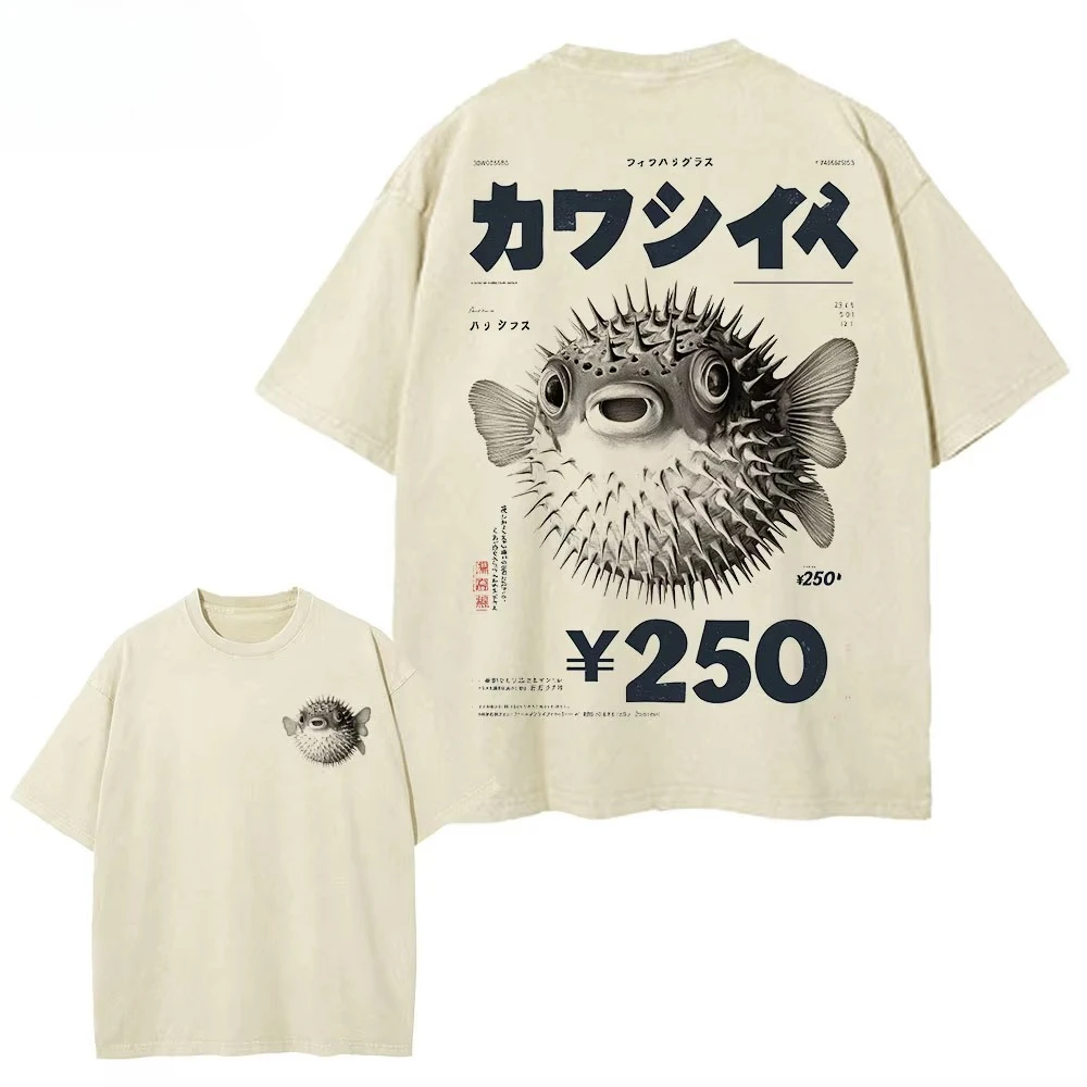 Hot Vintage Fugu Puffer Fish Ramen T-shirts Men Women Clothing Summer Cotton Tee Shirt Fashion Crewneck Short Sleeve Casual Top