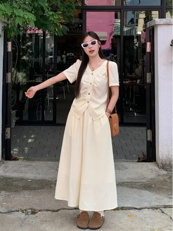 

plus Size Summer New Design Sensation Pleated Short Sleeve Shirt And A-Line Midi Skirt Two-Piece Set Fashionable Korean Style