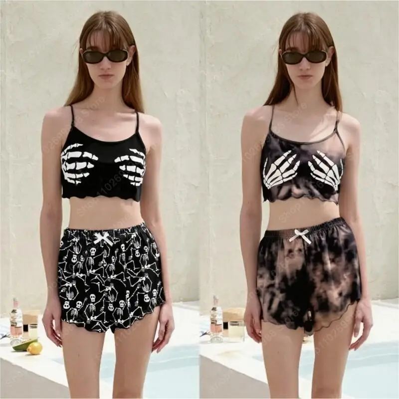 Halloween Wanita Seksi Dua Potong Set Atasan Selempang Perut Cetak Kerangka dan Celana Pendek Pakaian Tidur Pakaian Santai Pakaian Piyama Kasual