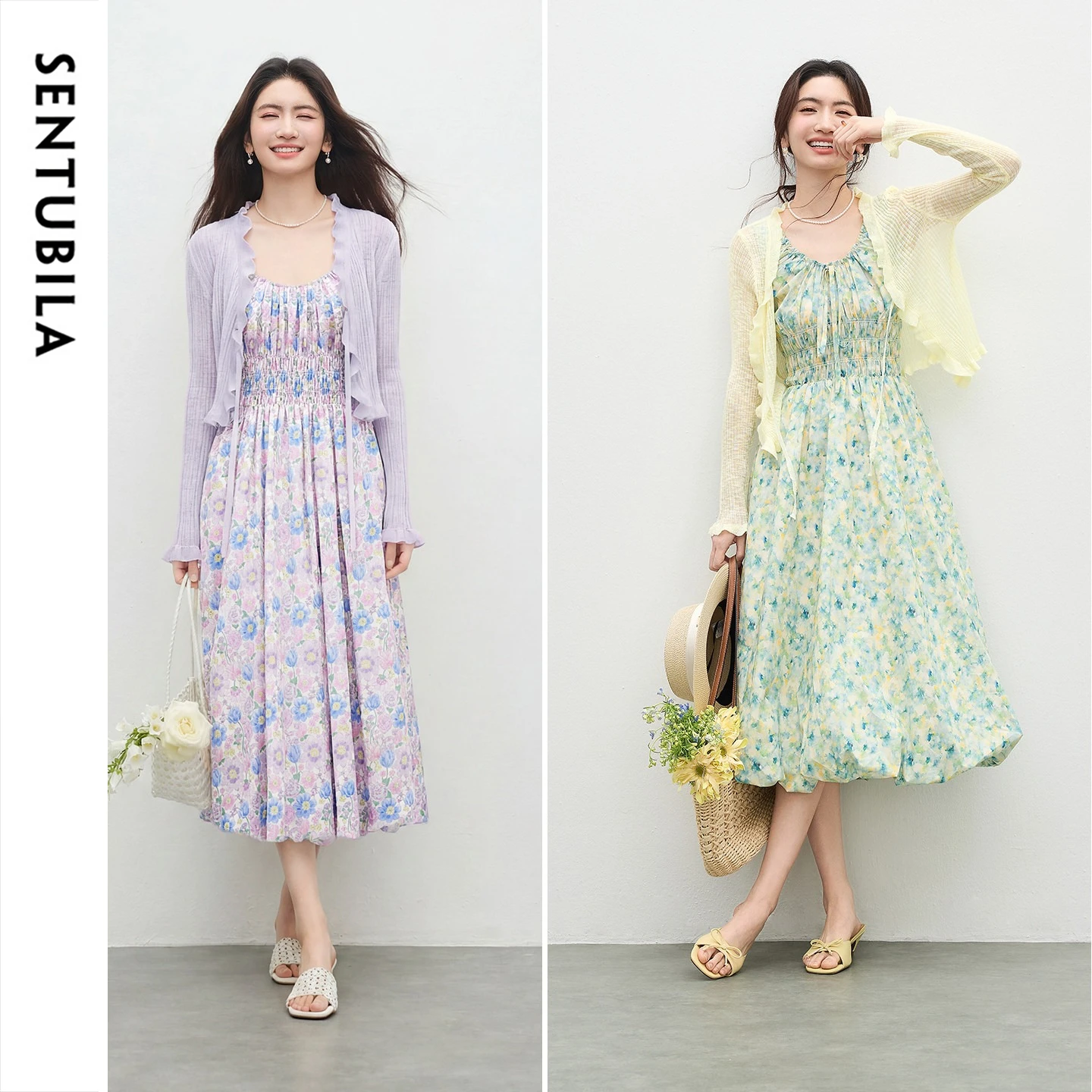 SENTUBILA Summer Monet Style 2 Piece Sets Woman Outfits 2026 Elegant V Neck Knit Cardigan & Camisole Bud Midi Dress 762ZB7577