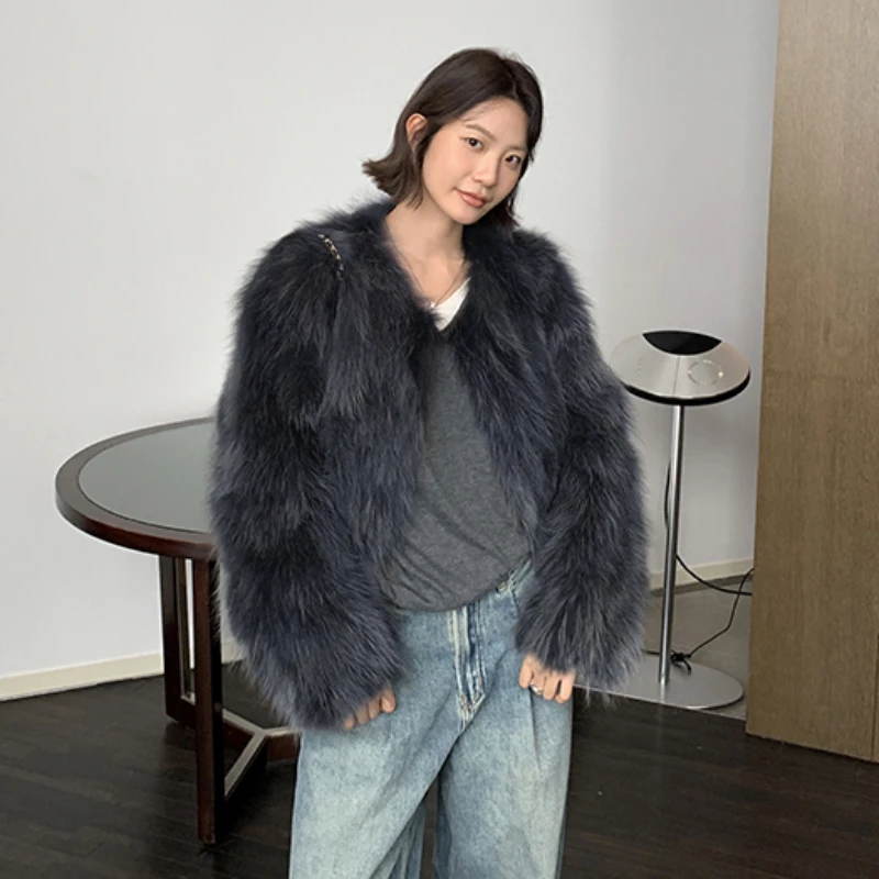 レディースフェイクファーブレンドファー秋冬長袖Vネック韓国服冬服スリムフィットファッション女性コート