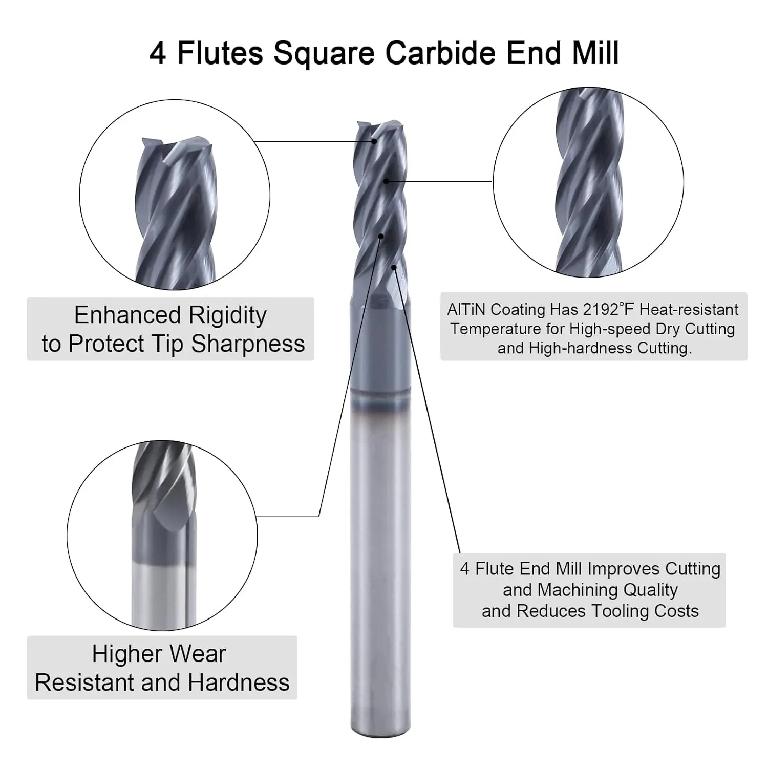 5 frese quadrate in carburo solido da 7/32" - Rivestite in AlTiN, 4 flauto, 30 °   Elica, taglio 7/32", gambo 1/4", LOC 5/8", 2-1/2" OAL