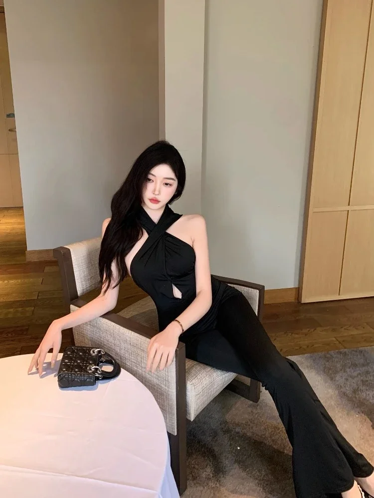 Sexy Backless Jumpsuit for Women Cross-neck Halter Black Hooded Flared Pants Fashion Celebrity Slim Hollow-out X-shape Overalls