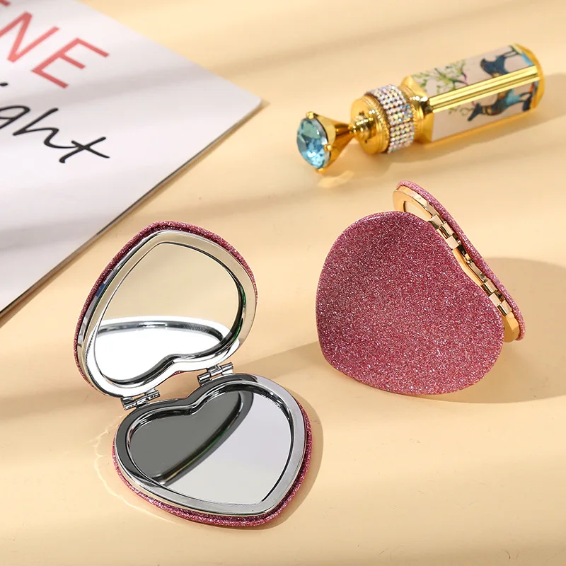 Portable Double-Sided Folding Makeup Mirror Heart Pocket Compact Vanity Mirror Ladies Handheld Cosmetic Mirror Students Mirrors