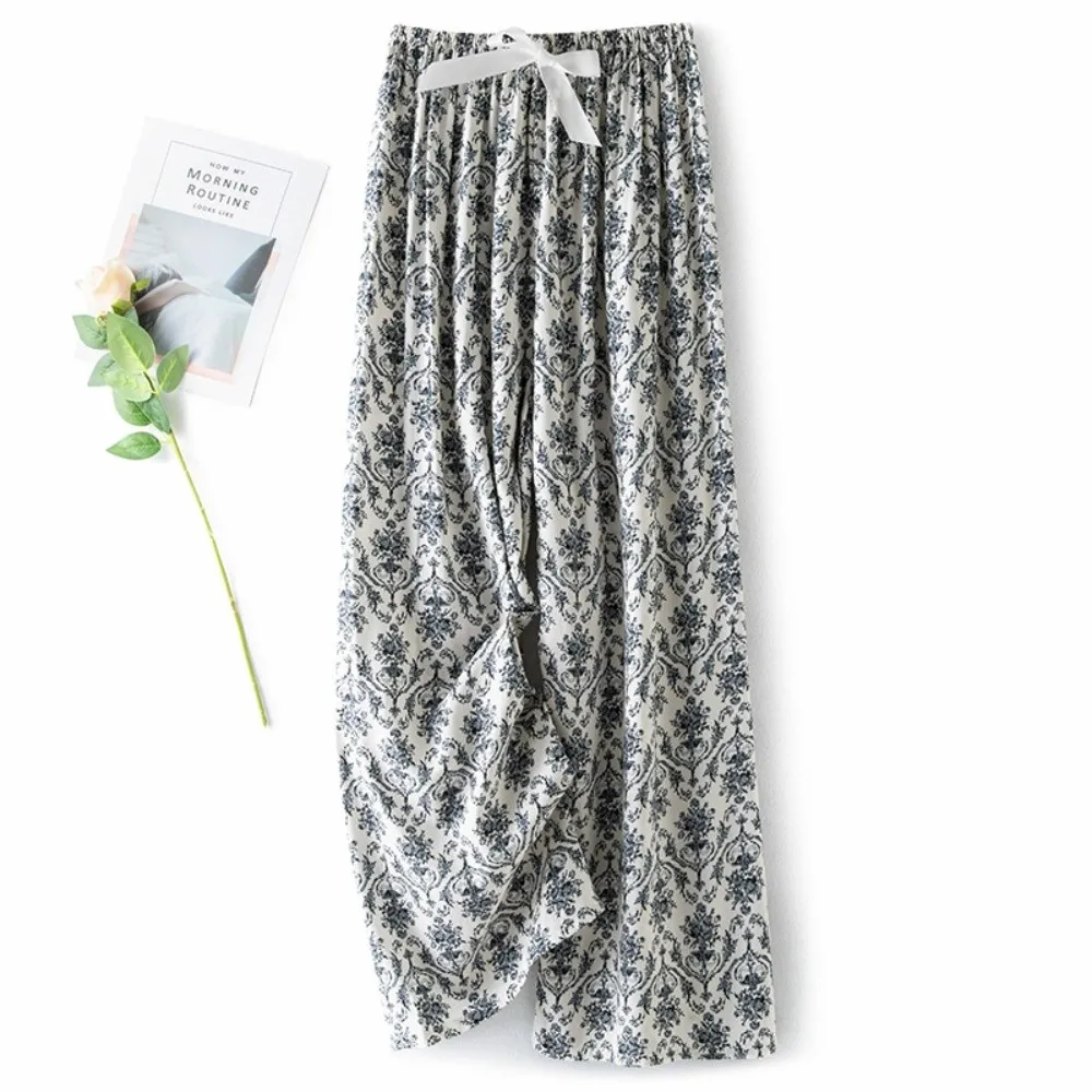 

Breathable Print Flower Sleeping Pants Boho Ethnic Style Loose Fit Wide Leg Pants Sleepwear Loungewear Beach Trousers Summer